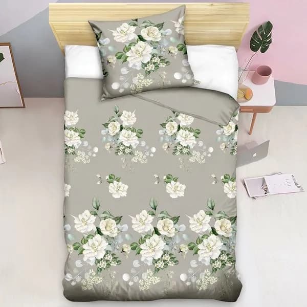 Pościel Bawełniana 2CZ 140x200cm Szara z Białymi Kwiatami A097