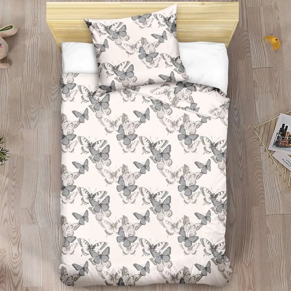 Pościel bawełniana 2-częściowa 140x200cm wzór w szare motyle
