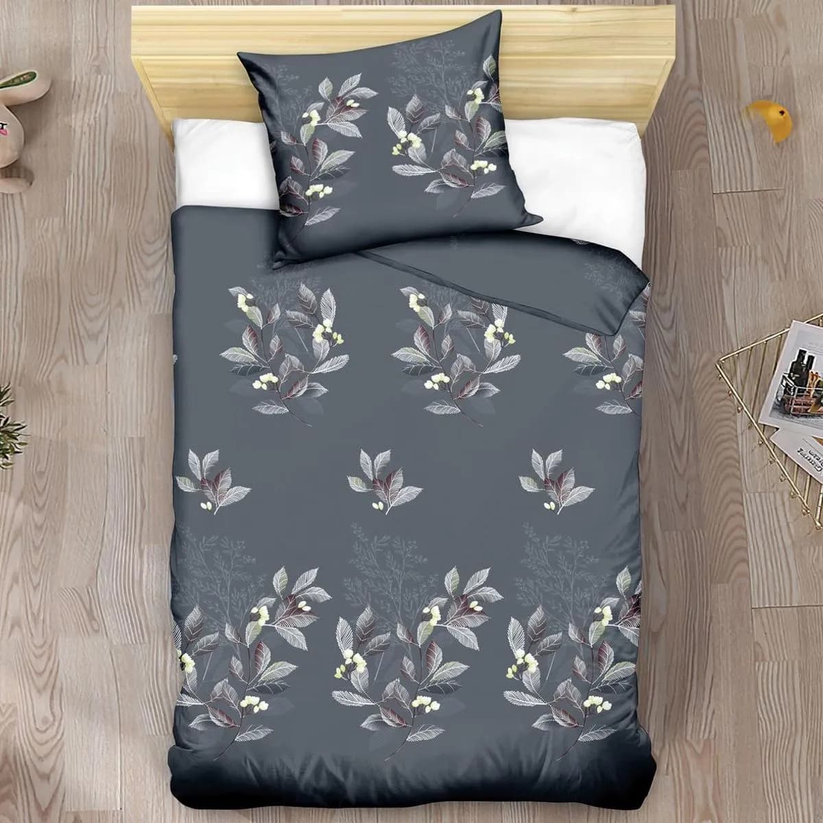 Pościel bawełniana 2-częściowa 140x200cm, wzór liście ciemnoszara