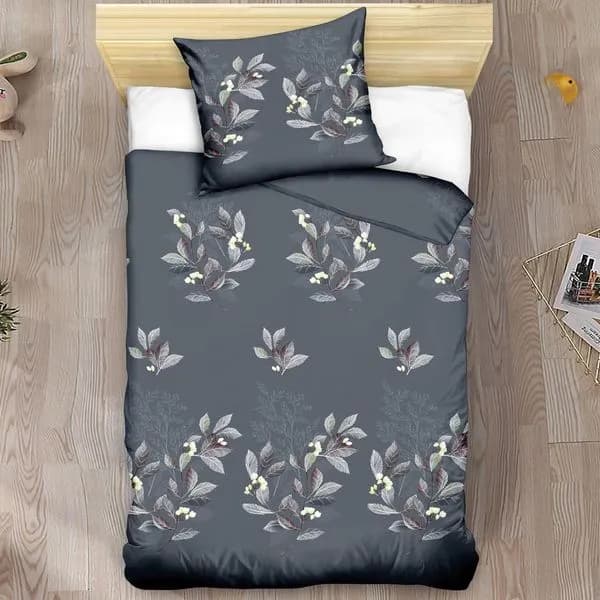 Pościel bawełniana 2-częściowa 140x200cm, wzór liście ciemnoszara