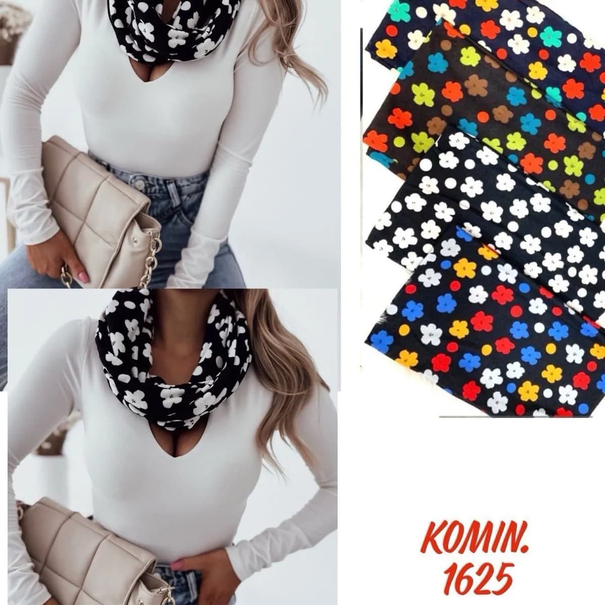 Szaliki damskie komin w kwiaty i kropki - mix kolorów 12 szt.