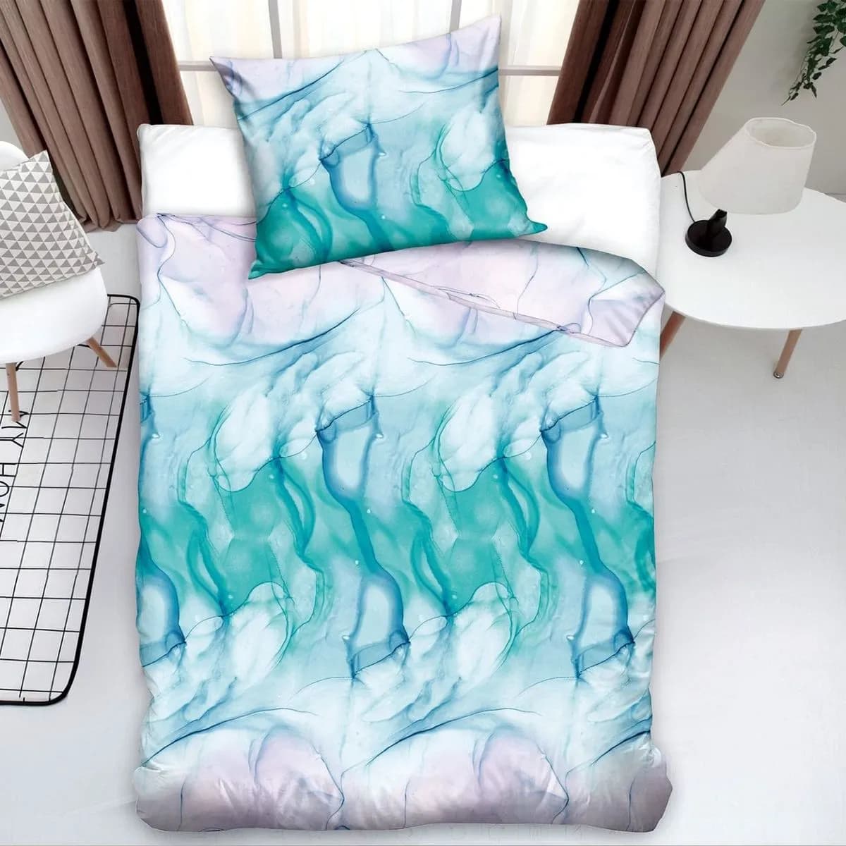 Pościel bawełniana 2-częściowa 140x200cm, wzór marmur turkusowy