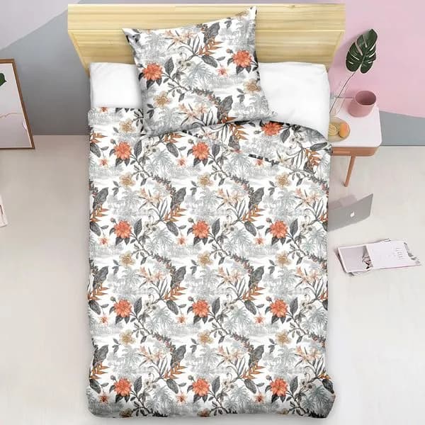 Pościel bawełniana 2-częściowa 140x200cm, kwiatowy pomarańczowo-szary