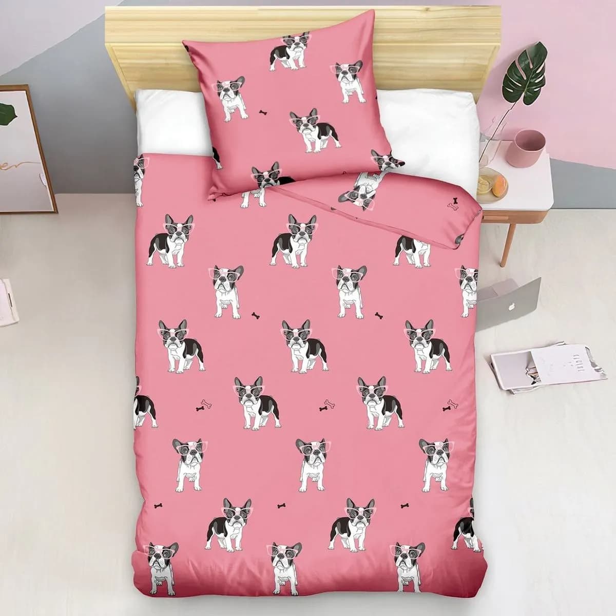 Pościel bawełniana 2cz 140x200cm różowa wzór Buldog Francuski