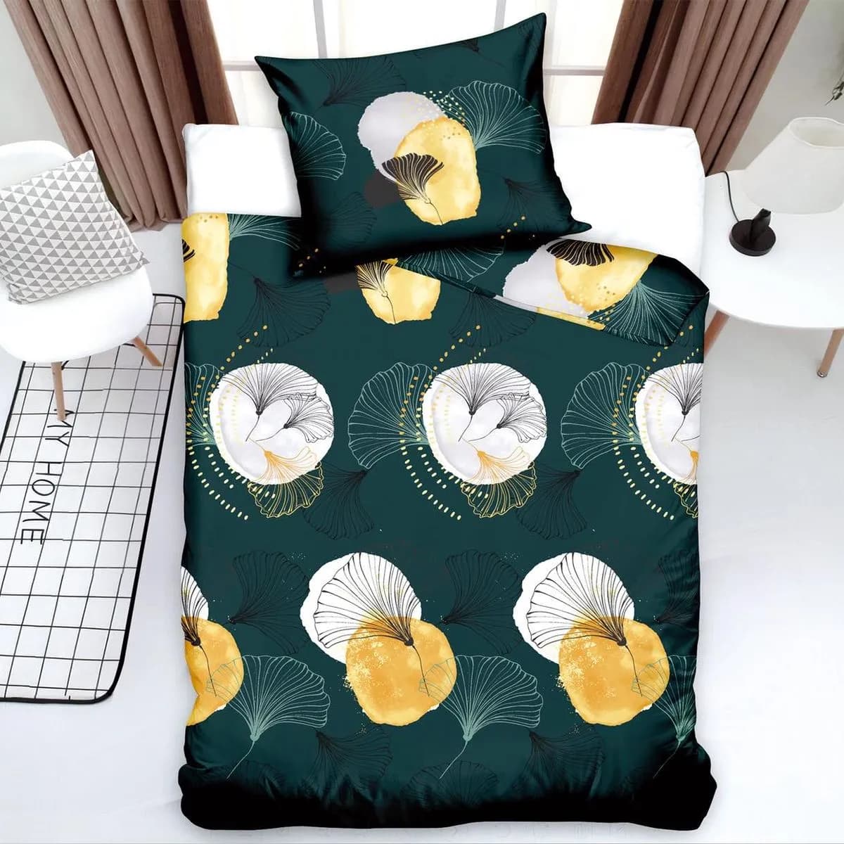 Pościel bawełniana 2CZ 140x200cm ciemnozielona wzór miłorząb