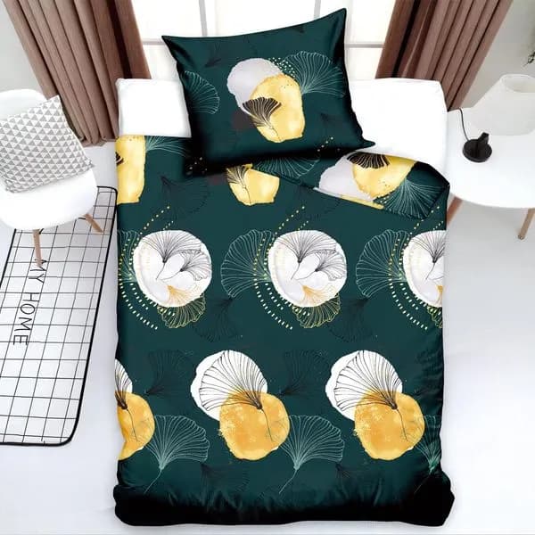 Pościel bawełniana 2CZ 140x200cm ciemnozielona wzór miłorząb