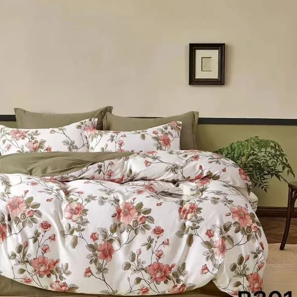 Pościel bawełniana 3cz 200x220cm biała w różowe kwiaty B301