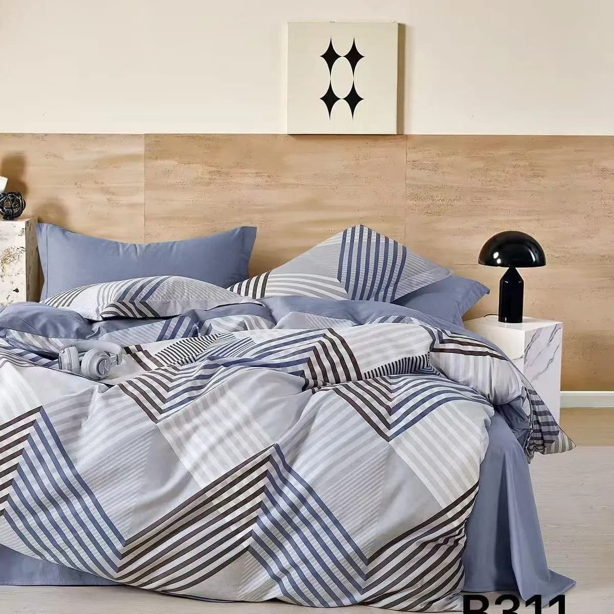 Pościel Bawełniana 3cz 200x220cm Wzór Geometryczny Niebieska B311