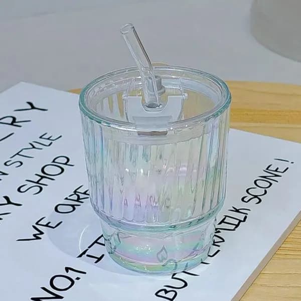 Kubek Szklany ze Słomką 400ml Prążkowany Opalizujący