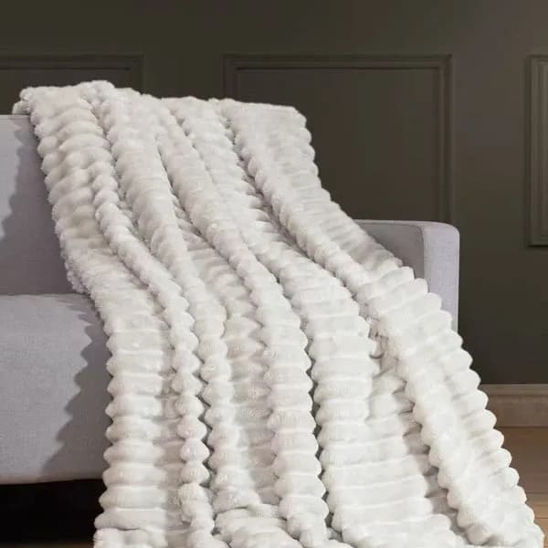 Koc pluszowy 160x200cm biały prążkowany miękki