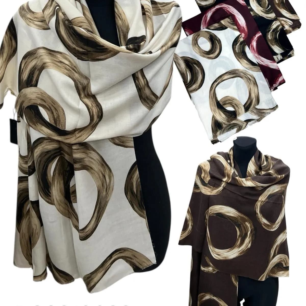 Szaliki damskie wełna i wiskoza, wzór abstrakcyjne koła, mix kolorów