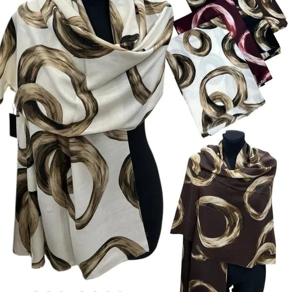 Szaliki damskie wełna i wiskoza, wzór abstrakcyjne koła, mix kolorów