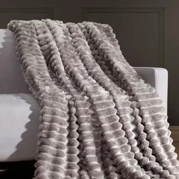 Koc pluszowy 160x200cm szary prążkowany miękki