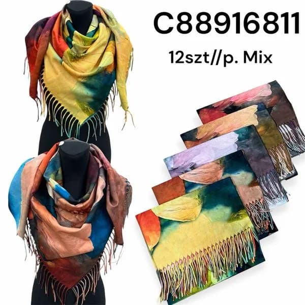 Szaliki damskie z frędzlami, wzór artystyczny, mix kolorów