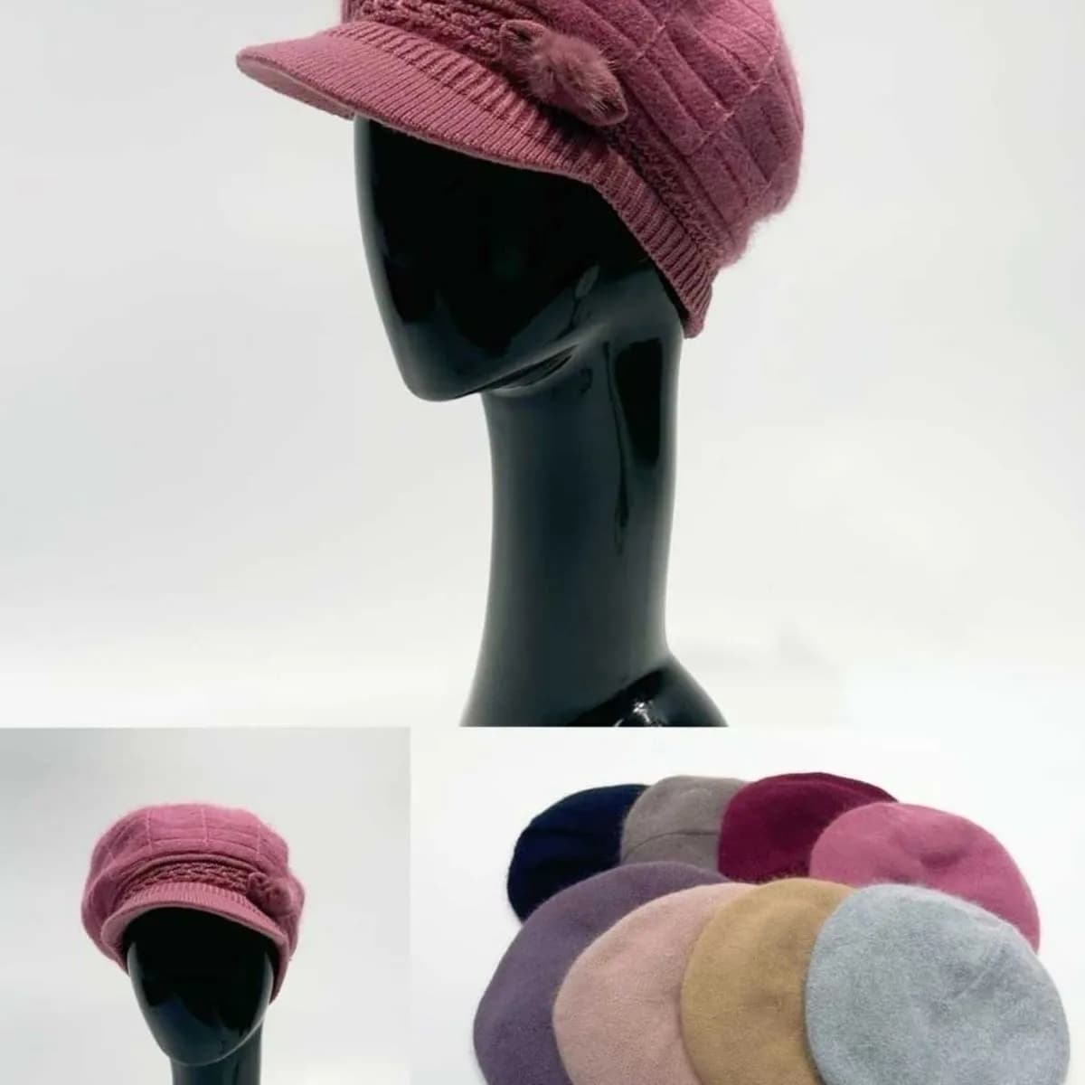 Czapki zimowe damskie z daszkiem i ozdobną kokardką, mix kolorów