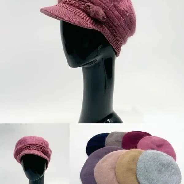 Czapki zimowe damskie z daszkiem i ozdobną kokardką, mix kolorów