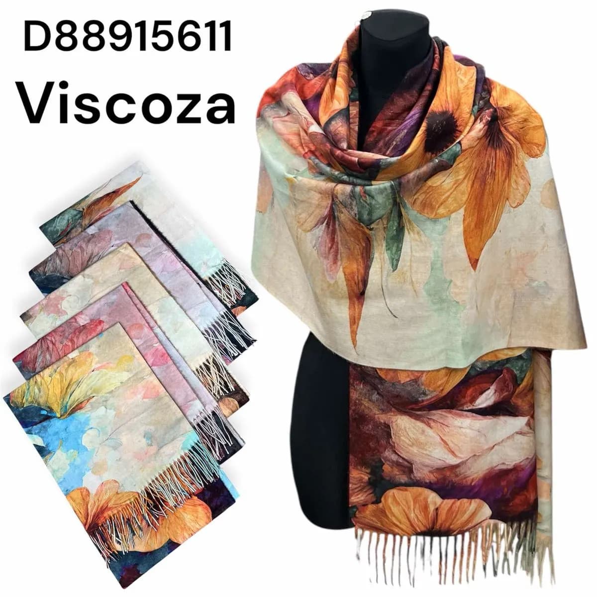 Szalik damski wiskozowy w kwiaty, wzór słoneczniki, frędzle