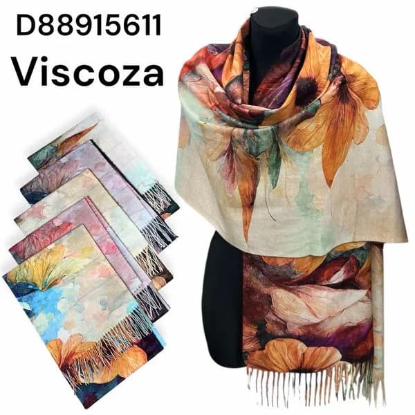 Szalik damski wiskozowy w kwiaty, wzór słoneczniki, frędzle