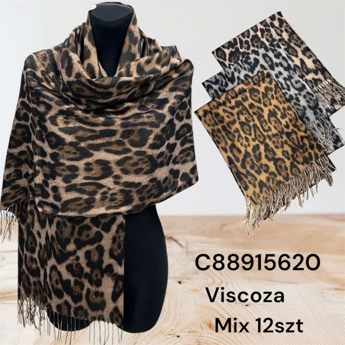 Szaliki damskie wiskozowe w panterkę z połyskiem, mix 12 szt.