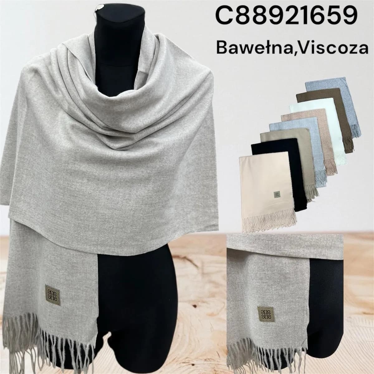 SZALIK DAMSKI z frędzlami, bawełna i wiskoza, mix kolorów