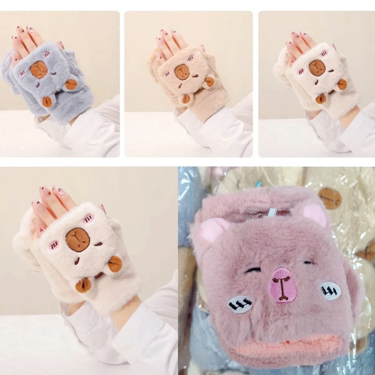 Rękawiczki damskie pluszowe z klapką, wzór zwierzątka 12 par