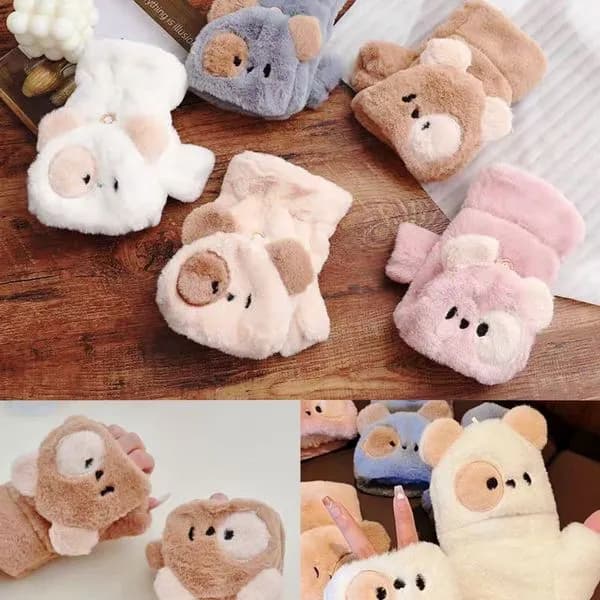 Rękawiczki damskie pluszowe z klapką, wzór miś, mix kolorów