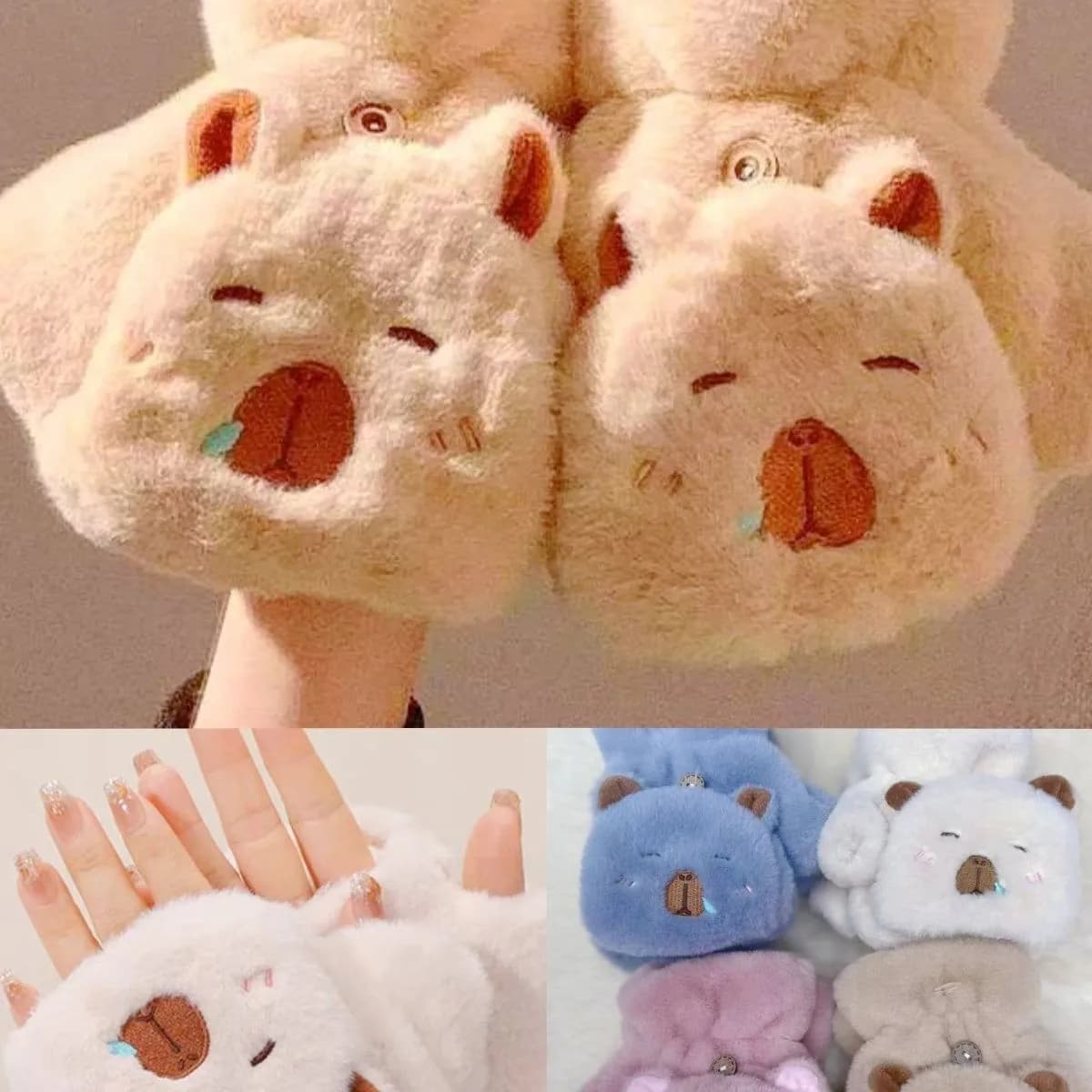 Rękawiczki damskie pluszowe mitenki z klapką Kapibara 12 par