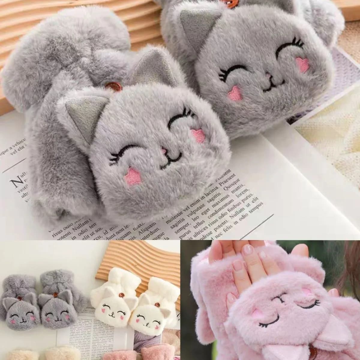 Rękawiczki damskie mitenki pluszowe z klapką kotek 12 par