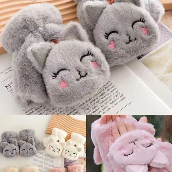 Rękawiczki damskie mitenki pluszowe z klapką kotek 12 par