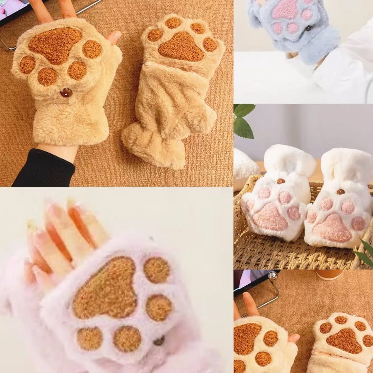 Rękawiczki Damskie Mitenki Pluszowe Łapki Kota 12 par