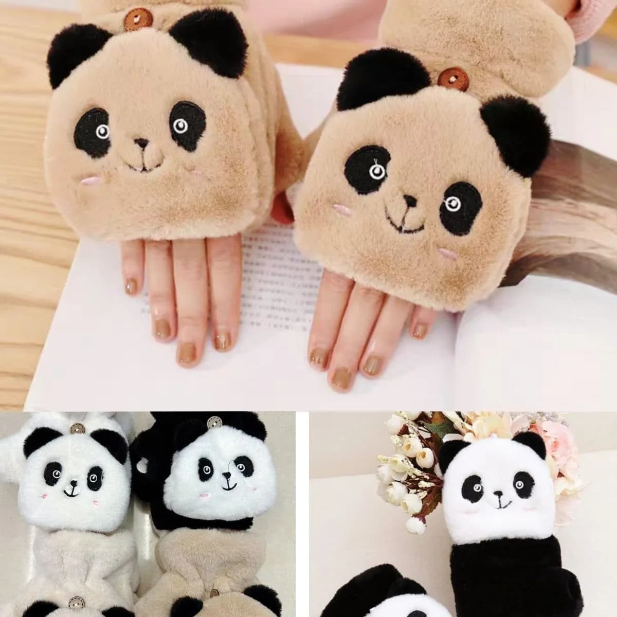 Rękawiczki damskie dziecięce panda pluszowe mitenki z klapką