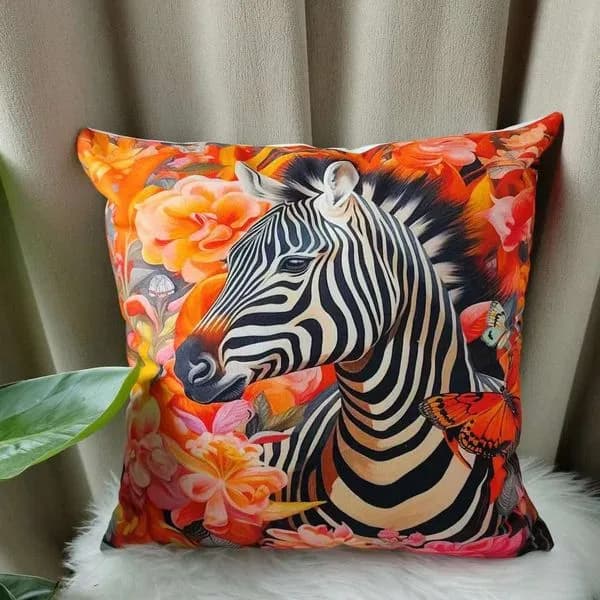 Poszewka dekoracyjna 40x40cm zebra i kwiaty pomarańczowa