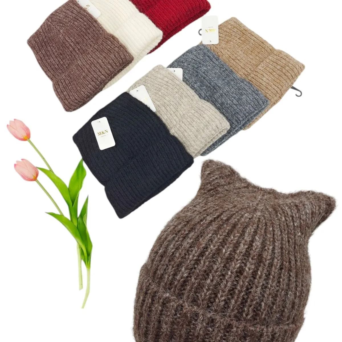 Czapki damskie dzianinowe z uszami, zestaw 12 szt