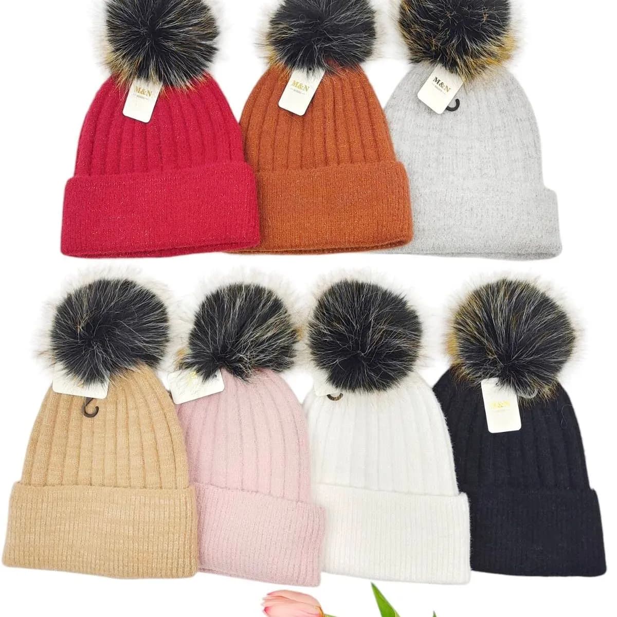 Czapki damskie z pomponem, 12 szt, mix kolorów