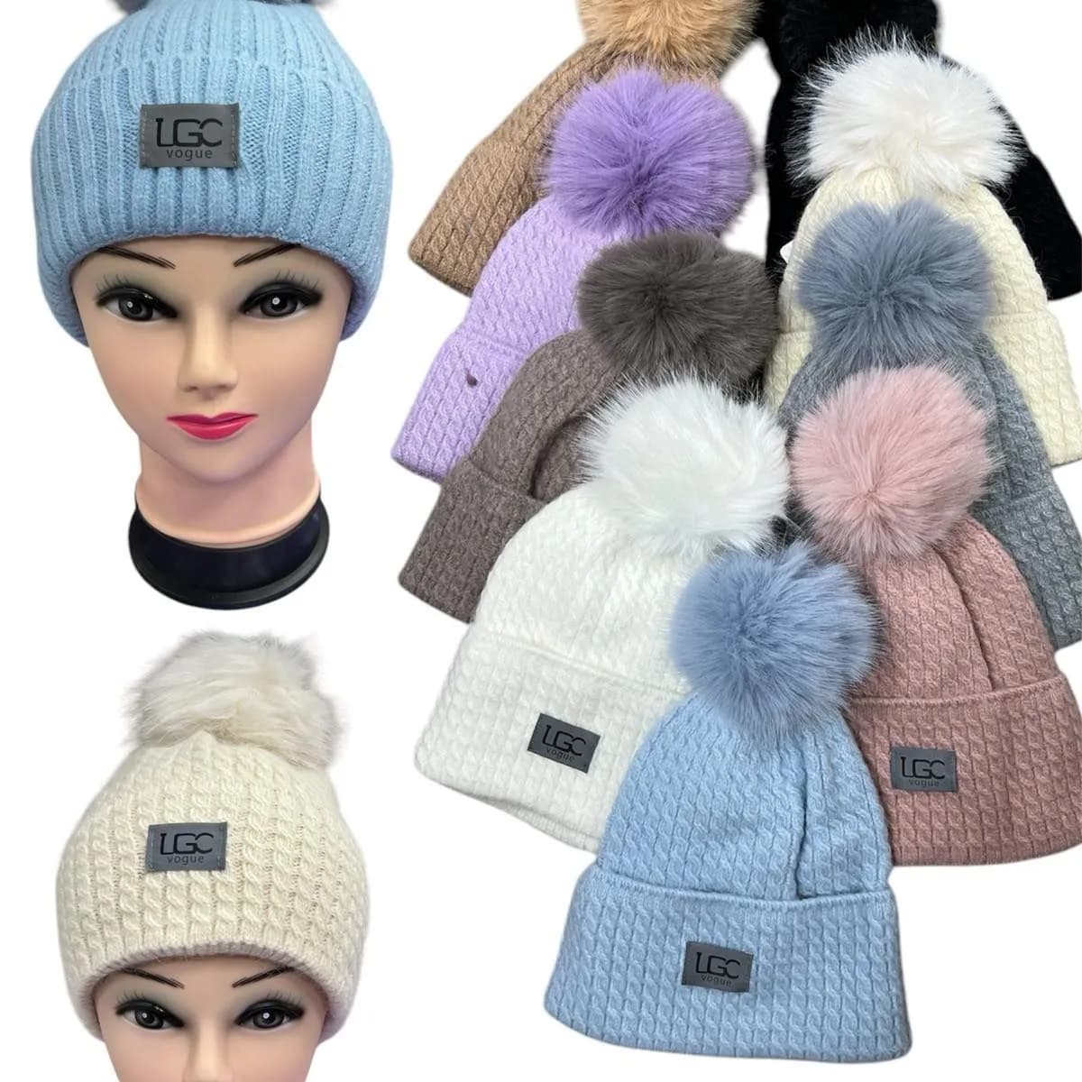 Czapki damskie z pomponem LGC, welna acrylic, C020.5104