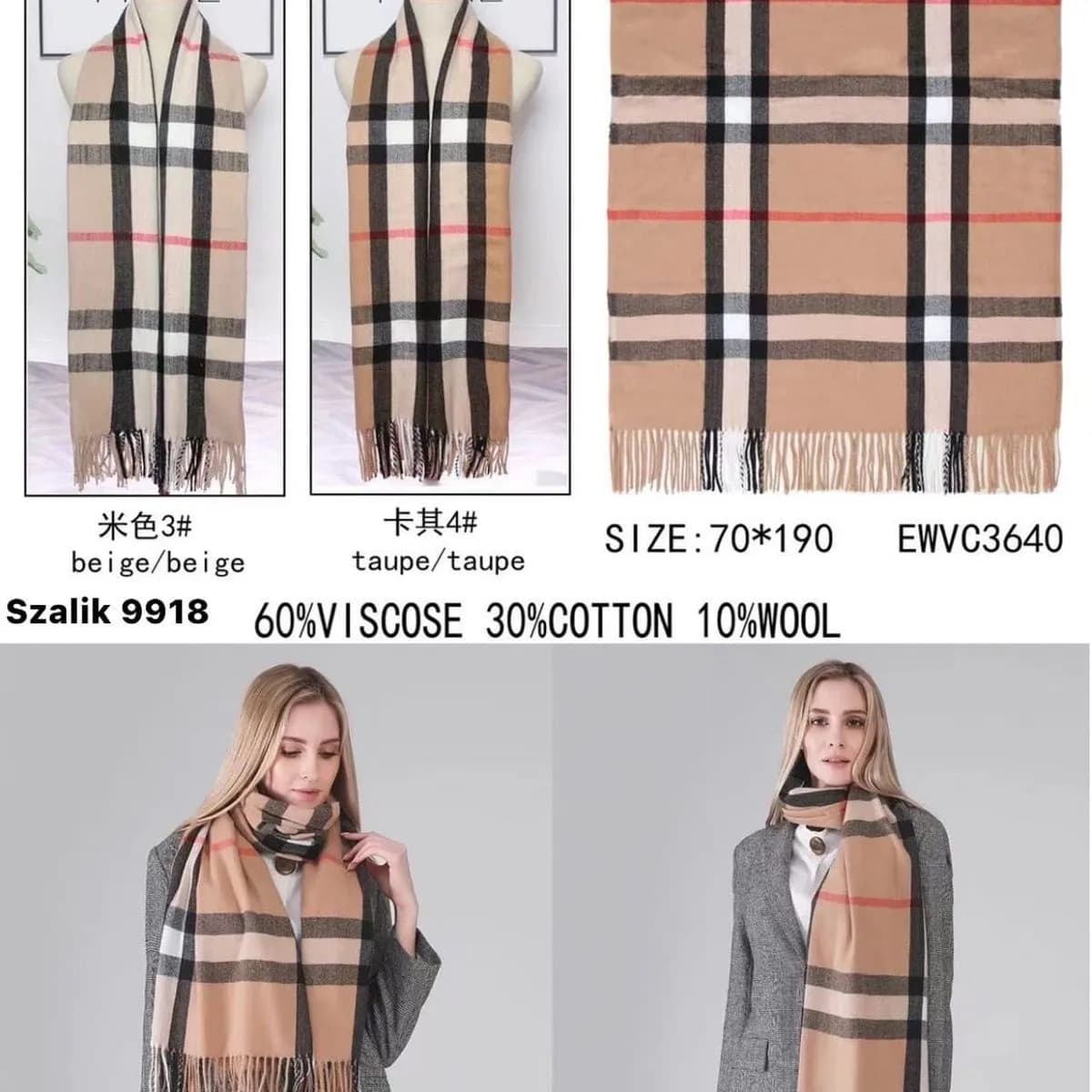 Szal damski w kratę beżowo-czarną 70x190 cm
