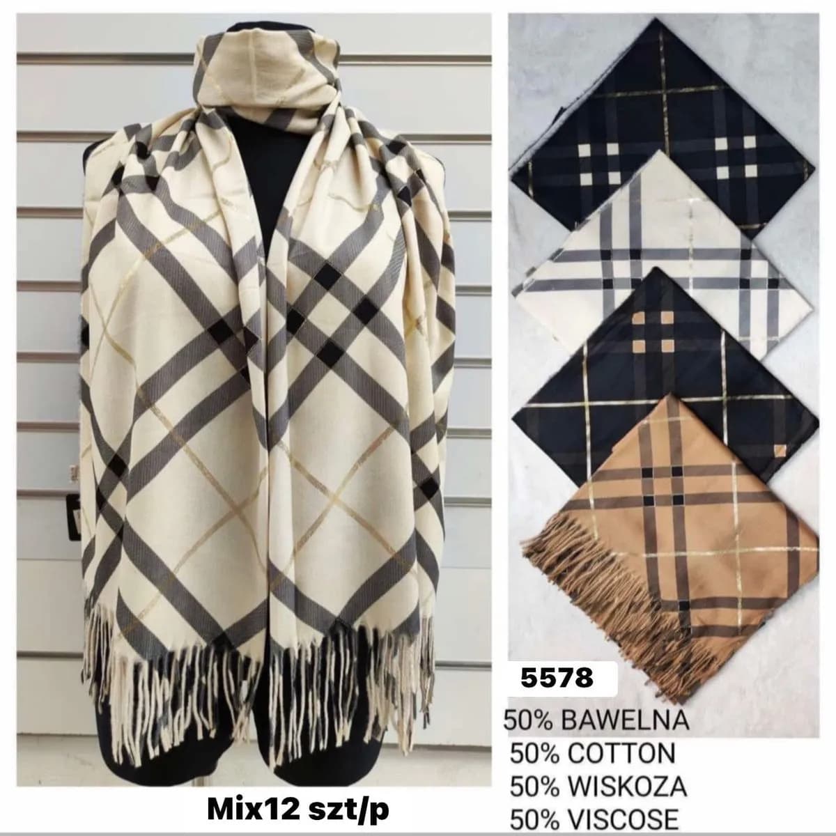 Szaliki damskie w kratę 50% bawełna 50% wiskoza MIX 12 szt