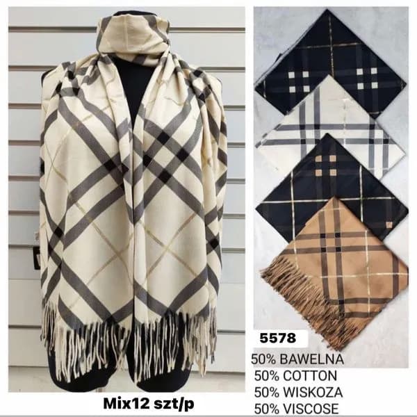 Szaliki damskie w kratę 50% bawełna 50% wiskoza MIX 12 szt