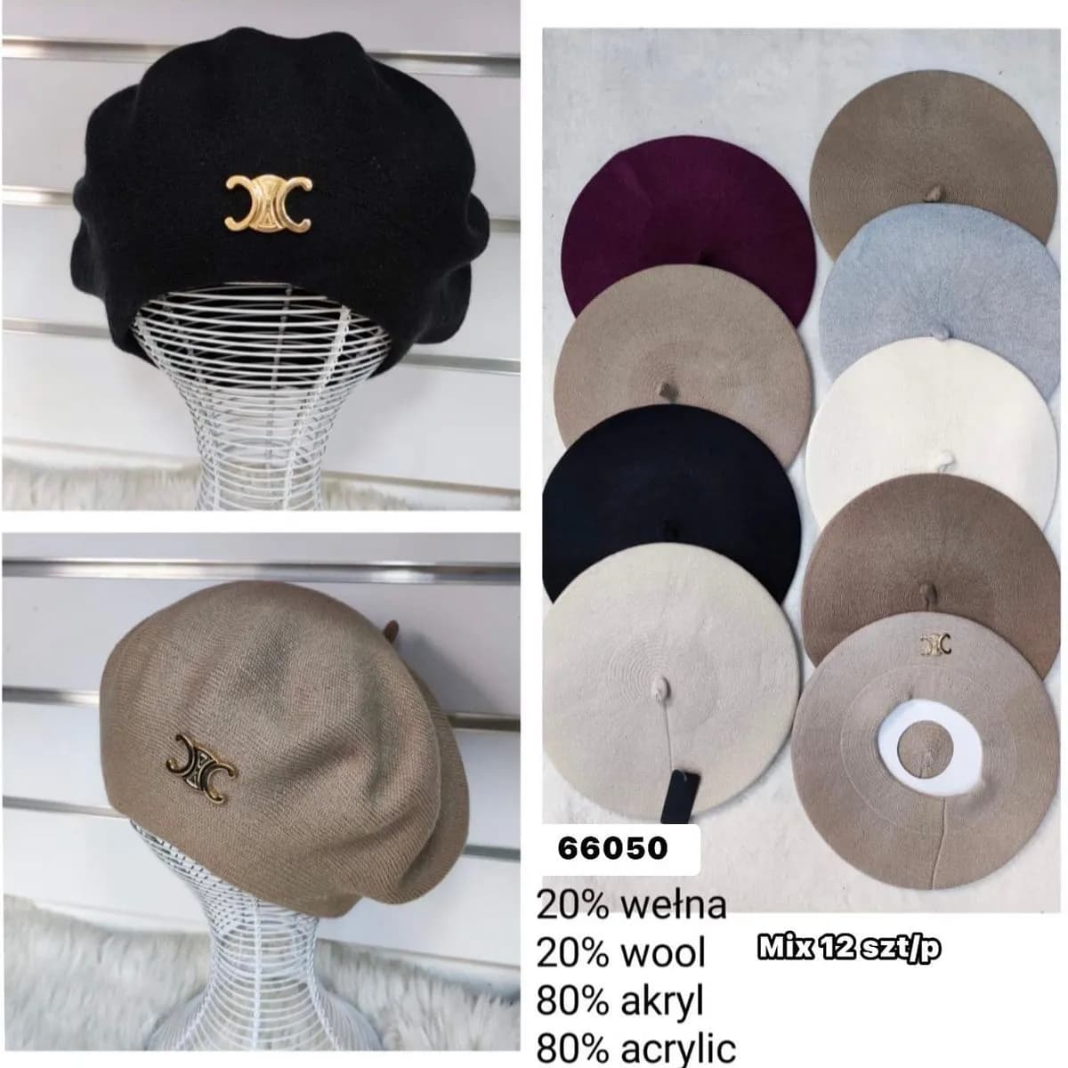 Czapki damskie beanie 20% wełna 80% akryl mix kolorów