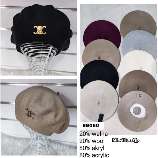 Czapki damskie beanie 20% wełna 80% akryl mix kolorów