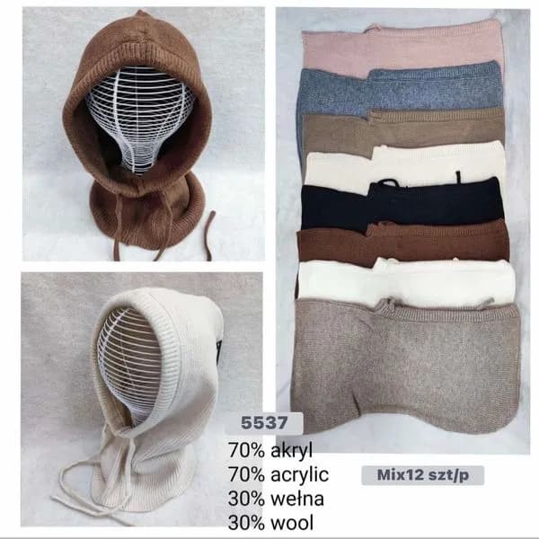 Czapki damskie kominiarki z kapturem 70% akryl 30% wełna