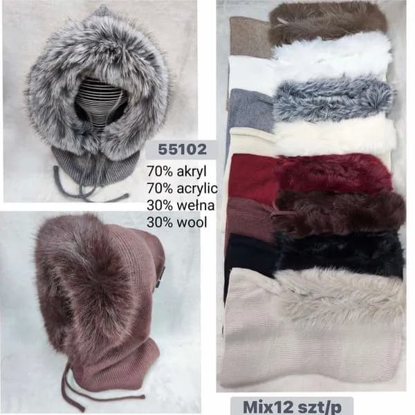 Czapki damskie z futerkiem 70% akryl 30% wełna mix 12 szt