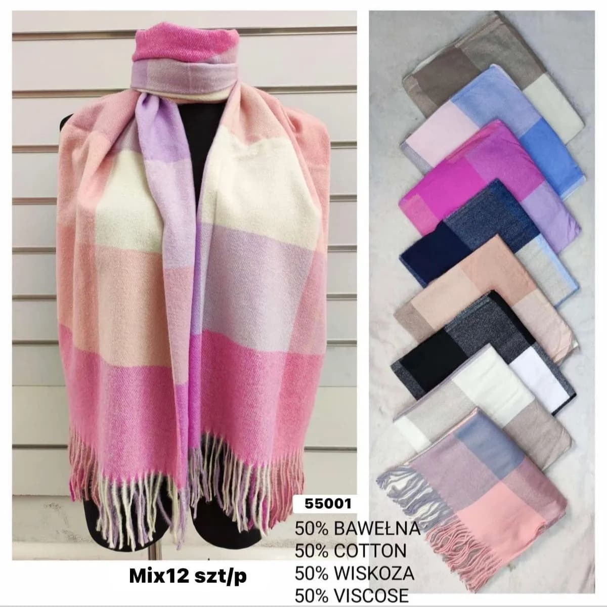 Szaliki damskie w kratę 50% bawełna 50% wiskoza mix 12 szt