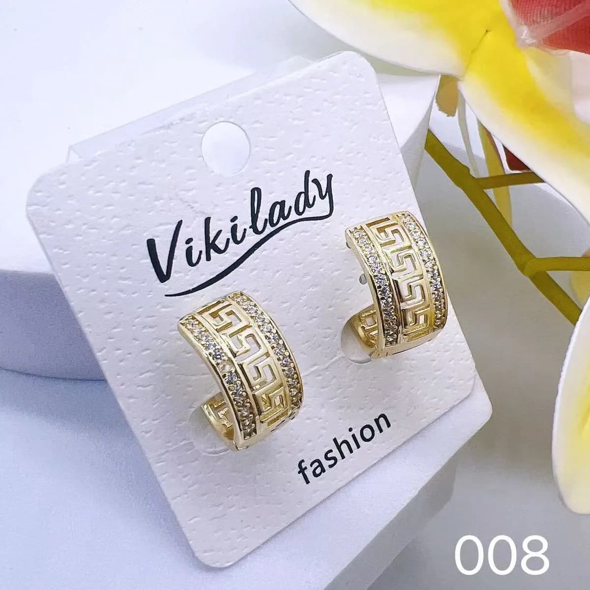 Kolczyki Damskie złote wzór grecki z cyrkoniami Vikilady