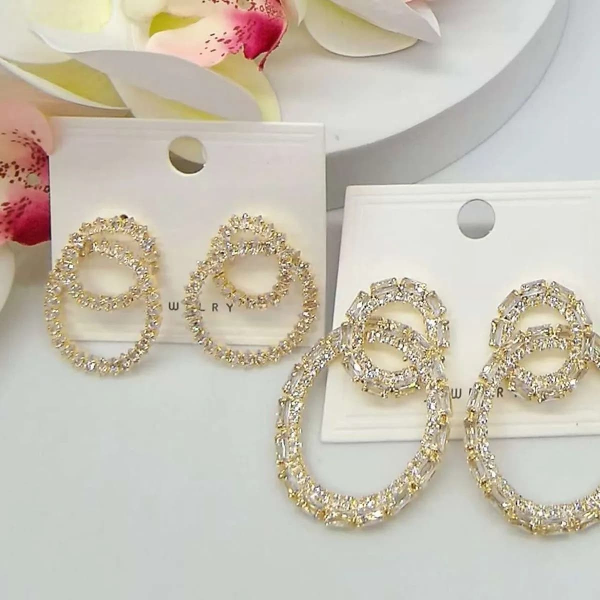 Kolczyki damskie złote z cyrkoniami, podwójne koła, 24 szt.