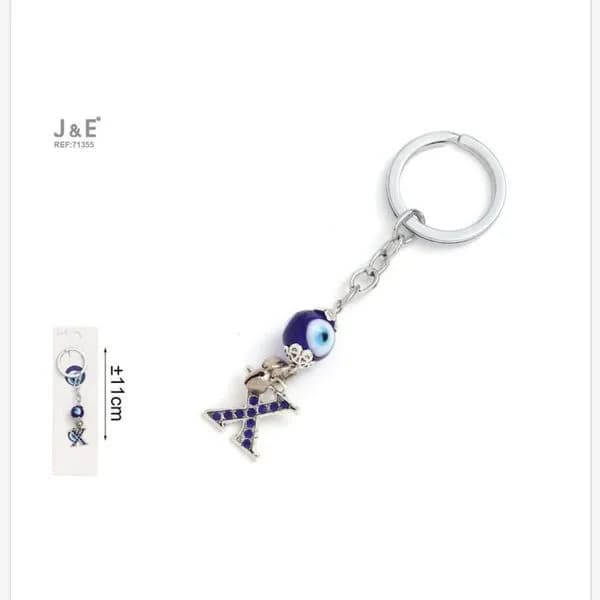 Brelok do kluczy J&E z okiem i literą X granatowy 11cm