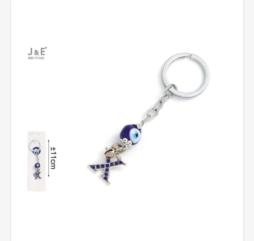 Brelok do kluczy J&E z okiem i literą X granatowy 11cm