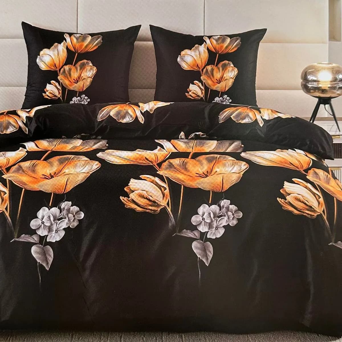 Komplet Pościeli 3D 3CZ 160/200 Kwiaty Złote/Czarne