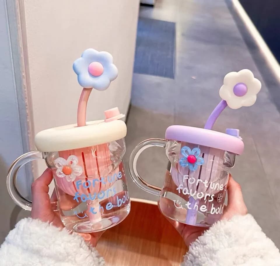 Kubek Szkło ze Słomką i Zaparzaczem, Ozdobny Kwiatek, 16 szt. Mix