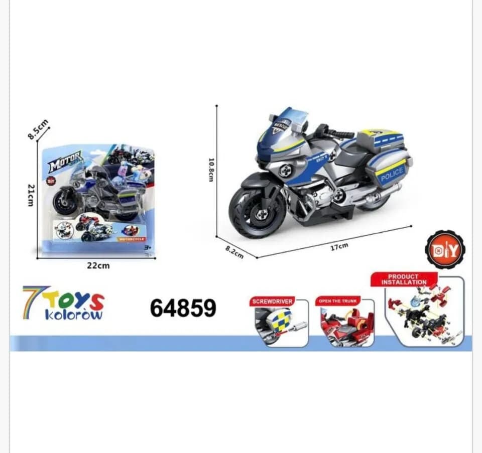 Zabawkowy Motocykl Policyjny DIY 17cm ze Śrubokrętem